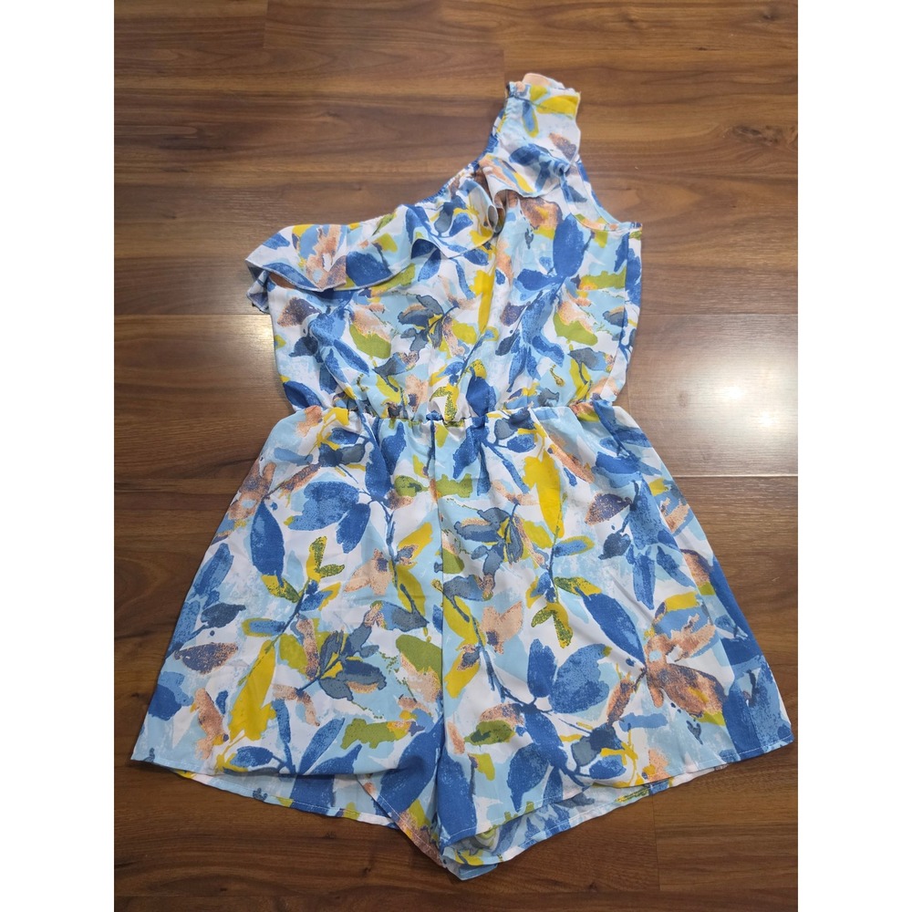 New SHEIN Romper Medium Blue Yellow Floral One Shoulder Ruffle Summer Jumpsuit